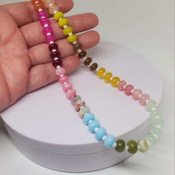 NEW! Anthropologie Rainbow Multicolor Beaded Stones Gold Plated Necklace - Picture 6 of 7